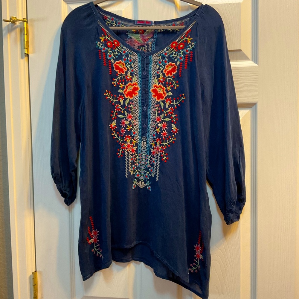 Johnny Was Blue Embroidered Blouse L